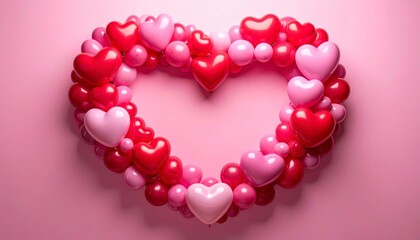 Fototapeta premium Large heart shaped frame made of numerous pink and red glossy balloons against a plain pink wall background