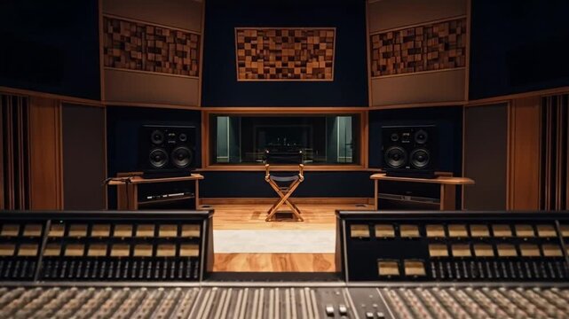 Professional recording studio with mixing console, speakers, and director's chair, ready for music production.
