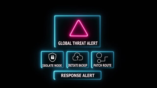 Global Threat Alert UI with Cyber Security Icons: Data Protection, Backup, Network Routing, and Response System