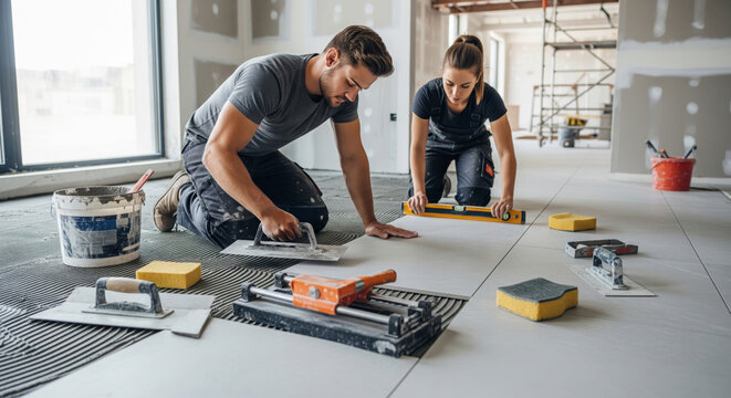 Professional Construction Workers Laying Large Format Floor Tiles