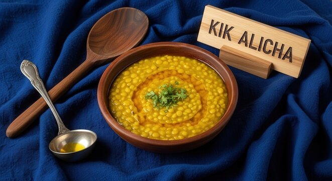 Authentic Kik Alicha Yellow Split Pea Stew in Rustic Bowl, Indigo Shemma Textile and Acacia Wood Sign, Ethiopian Vegan Cuisine