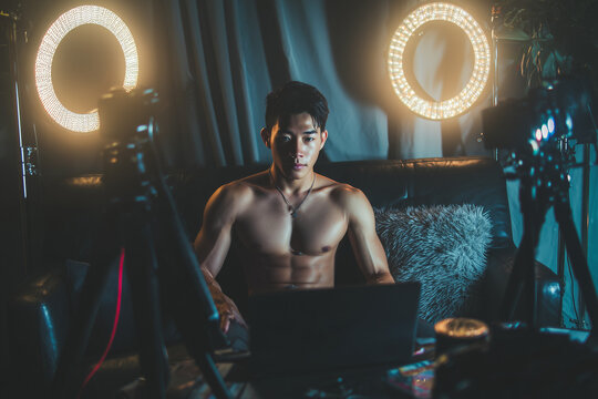 Asian bodybuilding influencer filming motivational videos 