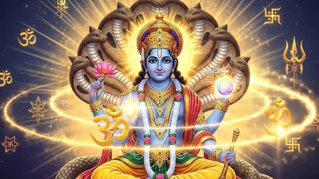 Hindu God Vishnu depicted in spiritual art holding sacred lotus flower