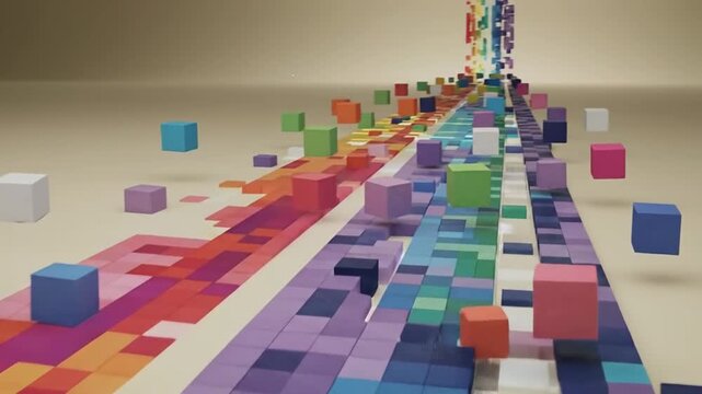 Abstract colorful cubes floating above pixelated lines, creating a vibrant and dynamic composition.