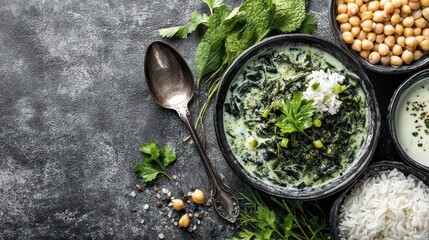 Overhead View of Green Spinach Stew Garnished with Chickpeas and Yogurt on Dark Textured Tabletop