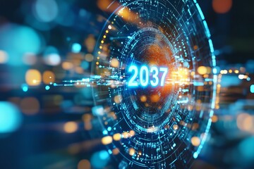 Obraz premium Futuristic Technology Concept 2037 Digital Transformation and Innovations in Quantum Computing