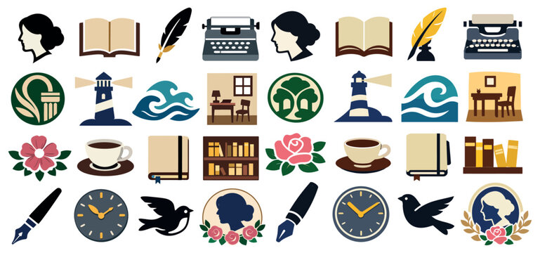 Virginia Woolf Birthday Literature Icon Set with Books Writing and Blooms