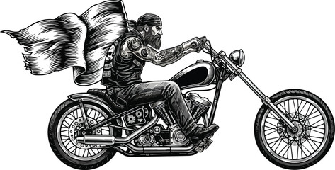 Bearded Biker with Cape Riding a Chopper Motorcycle. © goesti
