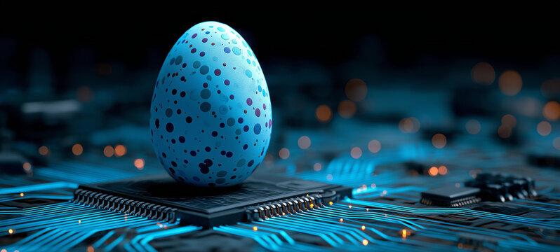 Digital color Easter egg sits on a glowing blue computer circuit, futuristic tech design, neon lights, vibrant cyber holiday concept.