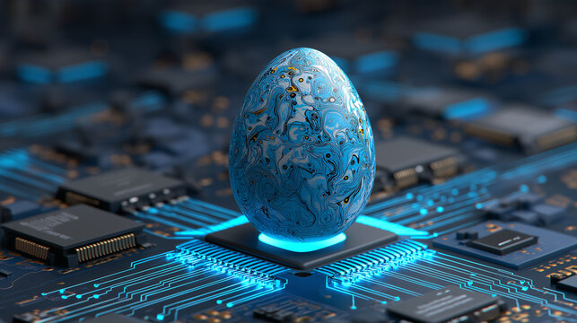 Digital color Easter egg sits on a glowing blue computer circuit, futuristic tech design, neon lights, vibrant cyber holiday concept.