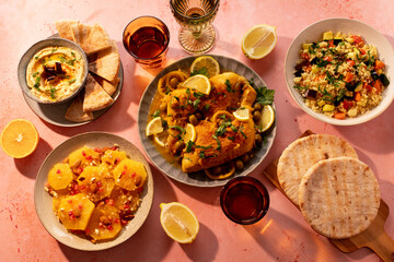 Halal Moroccan iftar with chicken tagine, vegetable couscous, orange salad, and eggplant dip