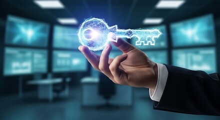 Obraz premium A glowing digital key is held in a hand symbolizing security and access within a tech environment