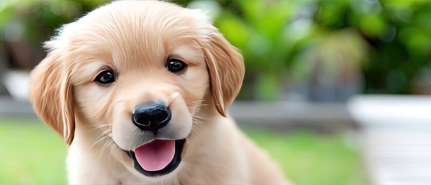 Cute golden retriever puppy plays in the park during sunset, standing on grass with mouth open and tongue out in soft natural light