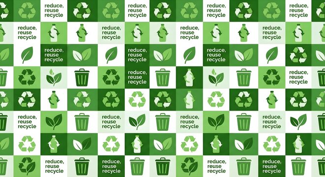 Seamless Reduce Reuse Recycle Icon Pattern in Green Palette