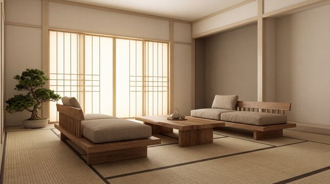 Traditional Japanese living room interior with minimalist wooden furniture, tatami mats, and shoji screens, offering a serene and tranquil oriental home design