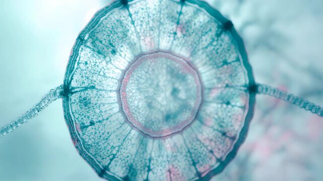 Microscopic biological cell structure with translucent membrane and radial filaments captured in scientific laboratory imaging with soft clinical lighting