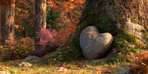 Heart Shaped Stone Nestled Against Tree Trunk In Autumn Forest With Sunlight And Fallen Leaves On Ground