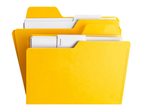 Stack of bright yellow folders with white paper inserts
