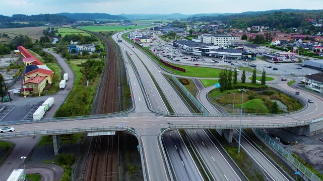 Highway E45 near &Auml;lv&auml;ngen town, scenic aerial view, connectivity hub