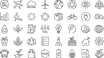 Sustainability and renewable energy thin line icon set featuring net zero, recycling, solar power, wind turbine, electric vehicle, eco technology, carbon reduction, green lifestyle © ICONS CITY