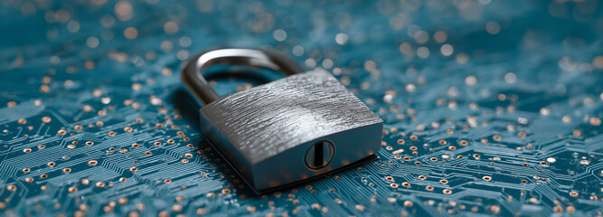 Metallic padlock resting on a blue computer chip representing digital security, data protection, and advanced cyber technology concept