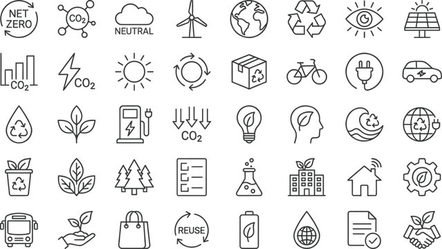 Sustainability and renewable energy thin line icon set featuring net zero, recycling, solar power, wind turbine, electric vehicle, eco technology, carbon reduction, green lifestyle