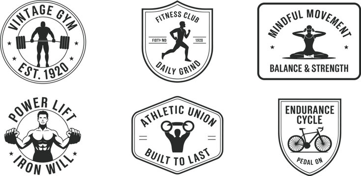 Vintage fitness gym logo badges set featuring bodybuilding powerlifting running cycling yoga mindfulness athletic club retro emblem designs for apparel branding posters and sports merchandise