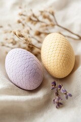 Decorative pastel eggs with lavender and dried flowers, artistic composition with soft fabric background