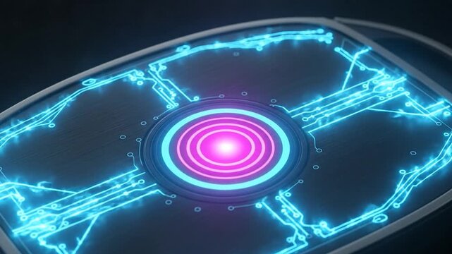Circular touchpoint radiating vibrant magenta and blue on futuristic interface