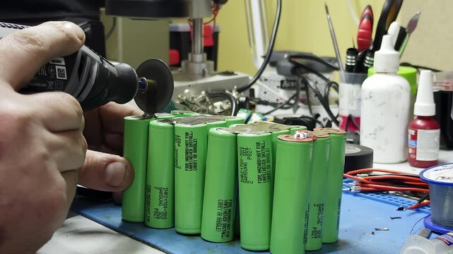 Electrician hand separates custom battery pack with mini grinding tool in shop closeup. Engineer cuts metal plank on power elements cluster at workplace