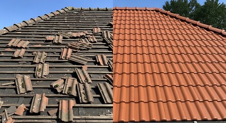 Fototapeta premium A striking comparison showcases a damaged weathered roof section next to a newly installed vibrant tiled roof