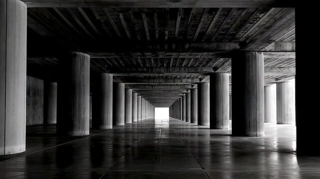 Monochrome concrete underpass with repeating pillars and strong symmetry creating deep perspective, reflections, and minimalist urban architecture