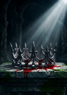 Corona g&oacute;tica de plata con joyas negras y sangre sobre pedestal de piedra en mazmorra oscura, concepto de fantas&iacute;a romantasy