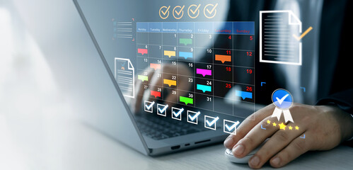 Managing a scheduled meeting.Businessman manages time to work efficiently and on time on all projects. Calendar work schedule, business plan concept.	
