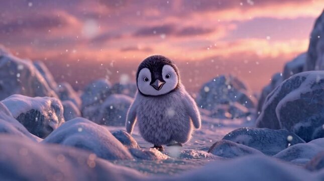 A cartoon penguin standing in a snow-covered landscape during a serene, pink sunset with a dreamy atmosphere.