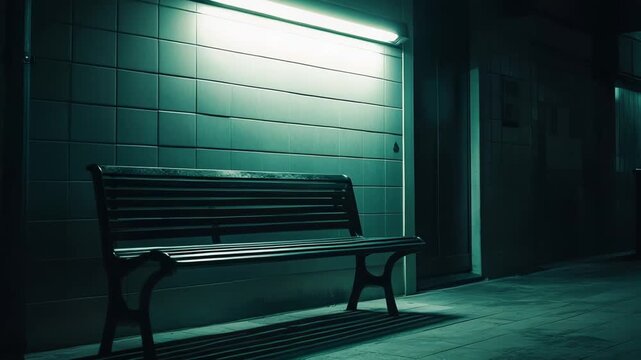 Empty wooden and metal bench casting long shadows on the tiled floor and wall, illuminated by a single fluorescent light in a dark, deserted urban underpass