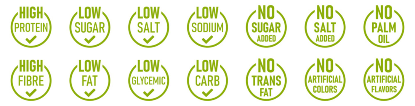 High Protein and Fibre No or Low Sugar Sugar-Free Salt Added No Palm Oil Trans Fat Artificial Colors Green Round Package Info Label Badge Stamp Sign with Checkmark Symbol Icon Set. Vector Image.