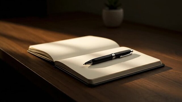 Open notebook and pen resting on wooden surface illuminated by sunlight