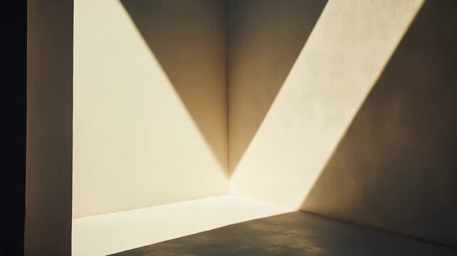 Light streaming into a minimalist room highlights the textured walls and floor, forming sharp v shaped shadows and bright triangular patterns, symbolizing clarity and architectural simplicity