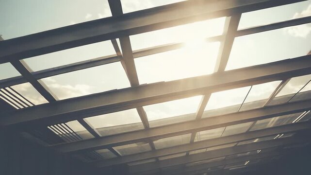 Glass skylight roof floods a modern building with warm daylight, showcasing geometric glass and beam framework, clean lines and a bright, inviting urban architectural view