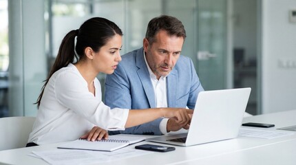 Fototapeta premium Business Colleagues Collaborating on Laptop in Modern Office