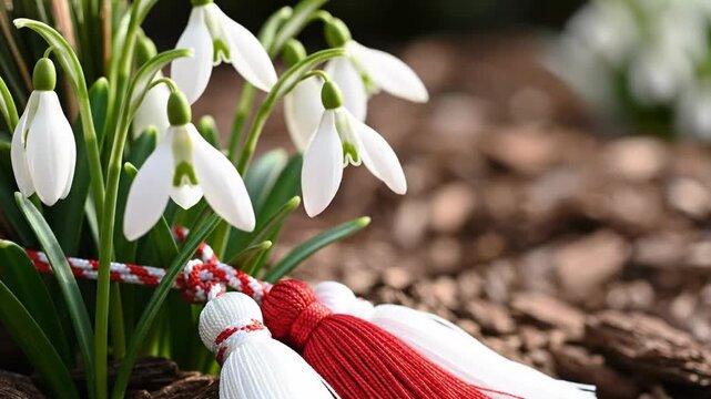 Snowdrops with red and white martenitsa tassels for spring