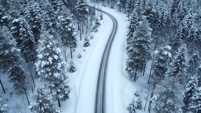 Aerial view of a winding road through a snow-covered forest