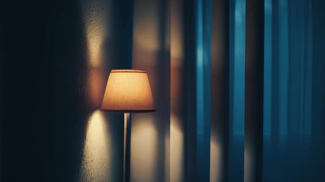 Warm glow from a standing floor lamp providing comfort and intimacy in a dimly lit room, with blurred blue curtains creating a calm, atmospheric and tranquil background