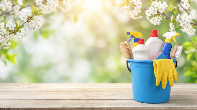 Blue bucket filled with cleaning supplies including spray bottles, brushes, and gloves on a wooden table with blooming flowers in the background