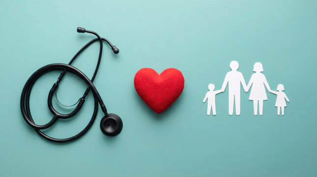 Stethoscope, red heart, and paper family figures on a teal background representing health care and family well-being concepts