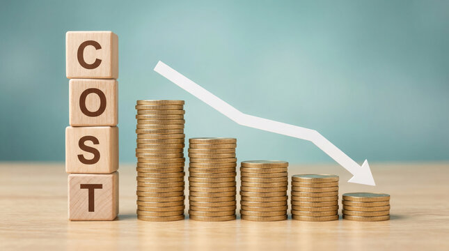 Wooden blocks spelling "COST" next to stacks of coins decreasing in height, with a downward arrow indicating a decline in expenses