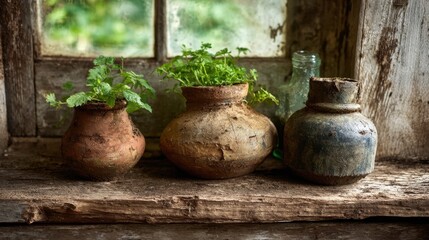Obraz premium Three handcrafted clay pots filled with vibrant herbs rest on a weathered shelf by a quaint window.