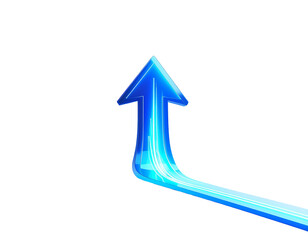 Fototapeta premium A bright blue arrow curves upwards, glowing with light trails