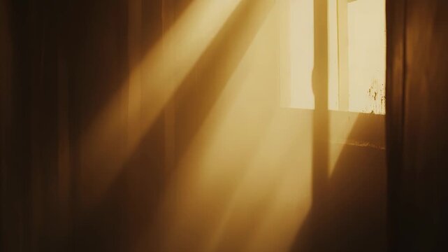 Golden sunlight creating dramatic patterns and illuminating dust particles in a warm, atmospheric interior, evoking a feeling of peace and quiet during morning or evening hours
